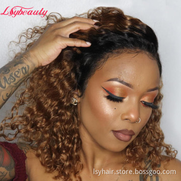 Ombre Honey Blonde Short Human Hair Wigs 1b/30  Brazilian Curly Lace Front Wigs Water Wave Bob Wigs For Black Women